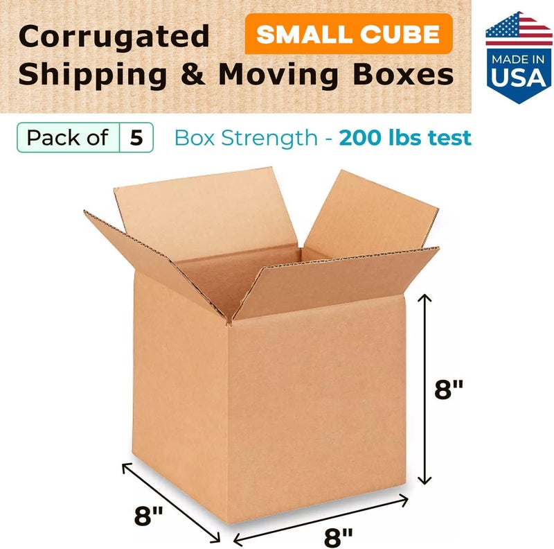 IDL Packaging IDL Small Cube Moving & Shipping Boxes - 8 x 8 x 8 inches (5-Pack) - Extra Strength 200 lb Corrugated Packing Boxes - Image 2
